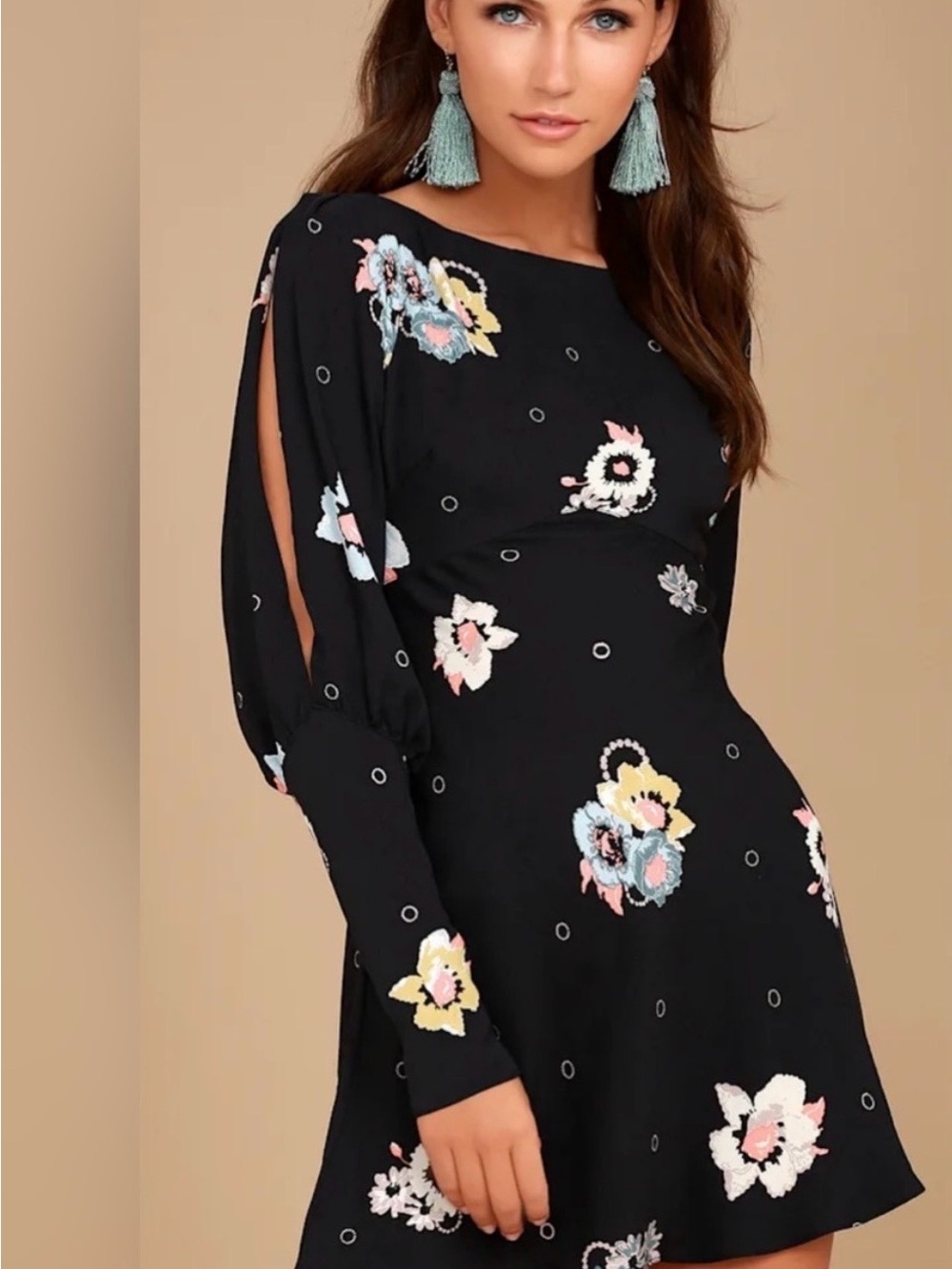 Free People Black Long-Sleeve Floral Split-Sleeve Mini Dress